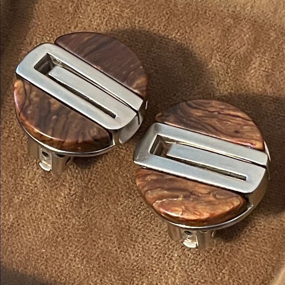Vintage Givenchy Modernist Rosewood & Silver-Tone Clip-on Earrings